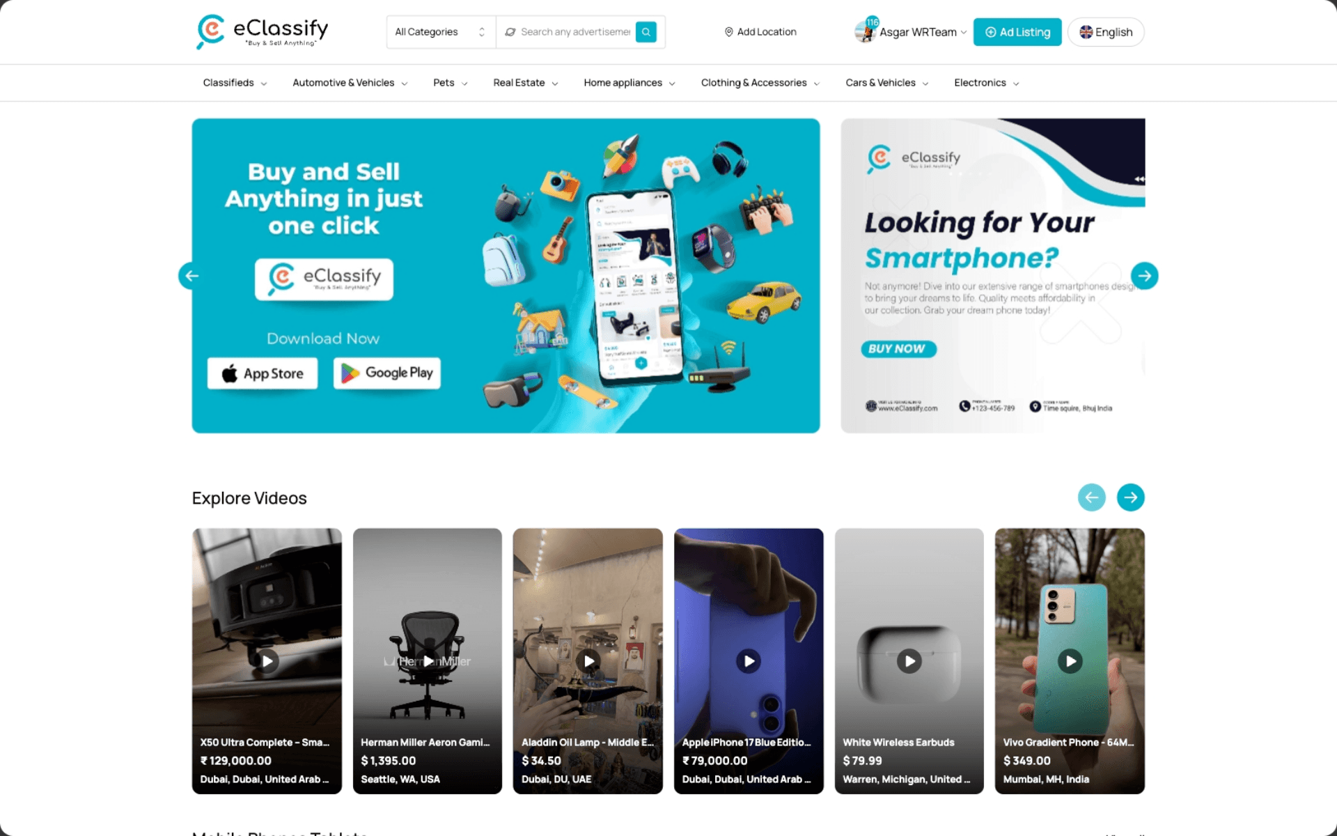 Homepage: SEO-friendly landing with sliders, categories and featured ads.