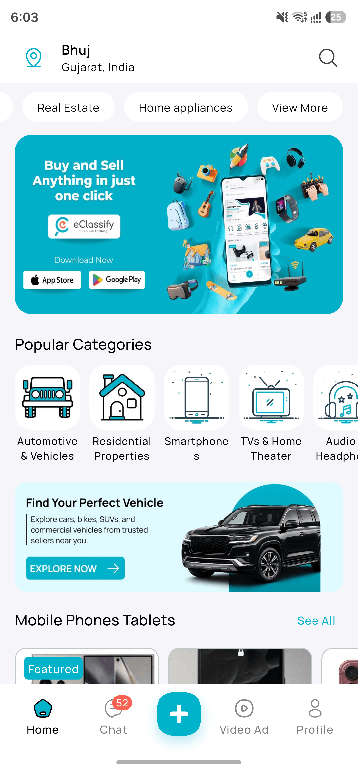 Home: Banners, popular categories and listings near the user.