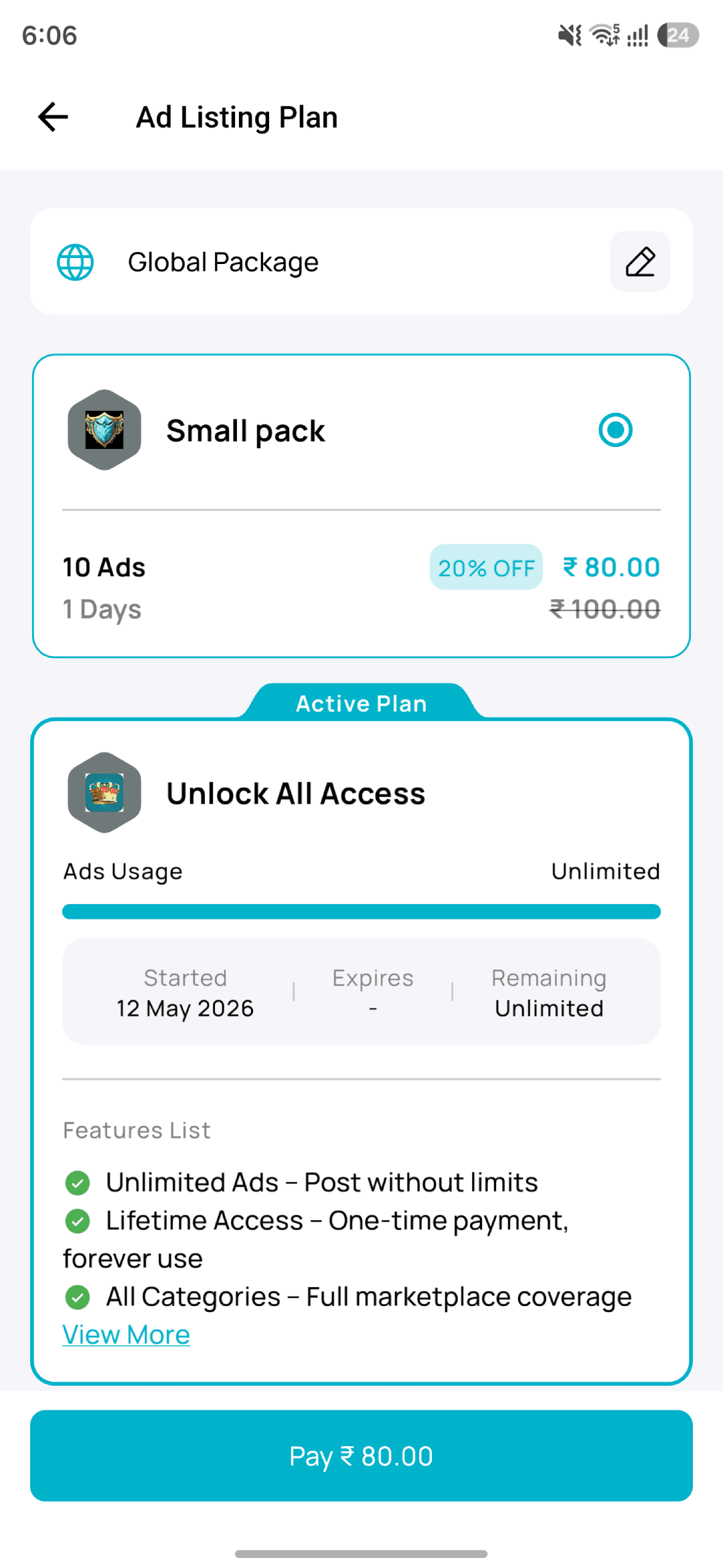 Packages: Subscription plans and featured-ad boosts with in-app payment.