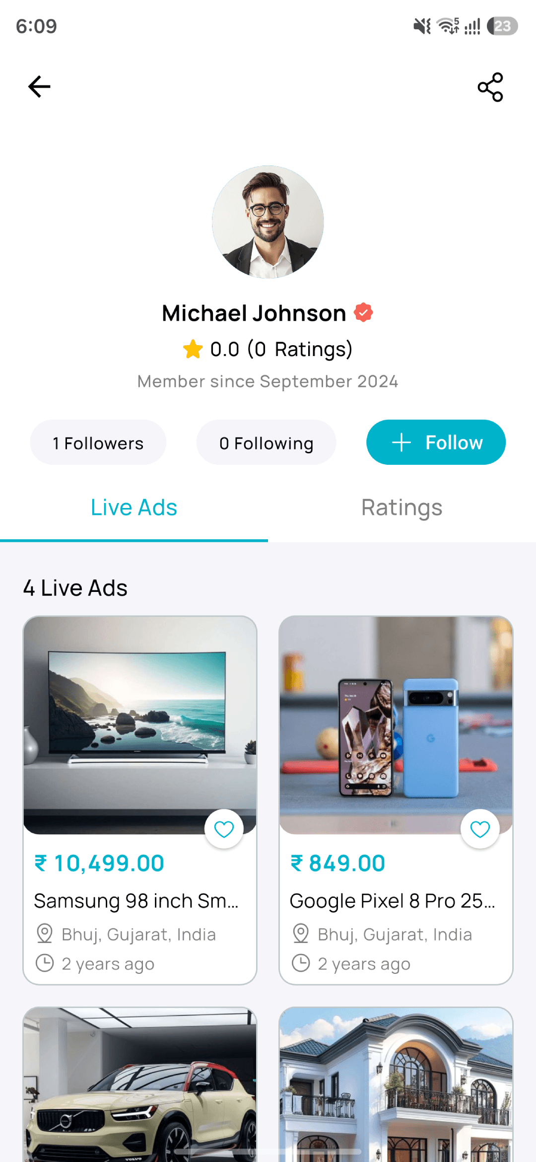 Seller Profile: Verified badge, ratings, reviews, followers and all their ads.